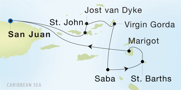Carte de l’itinéraire Seadream 1, San Juan → San Juan