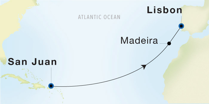 Carte de l’itinéraire Seadream 1, Palm Beach → Lisbonne