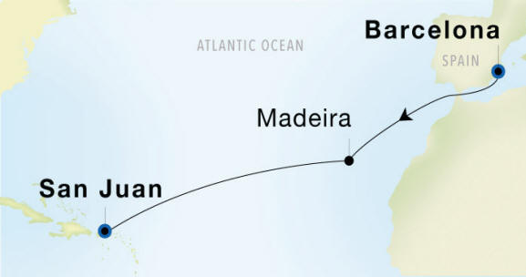 Carte de l’itinéraire Seadream 2, Barcelone, Espagne → San Juan, Porto Rico