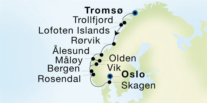 Carte de l’itinéraire Seadream 2, Tromsø → Oslo