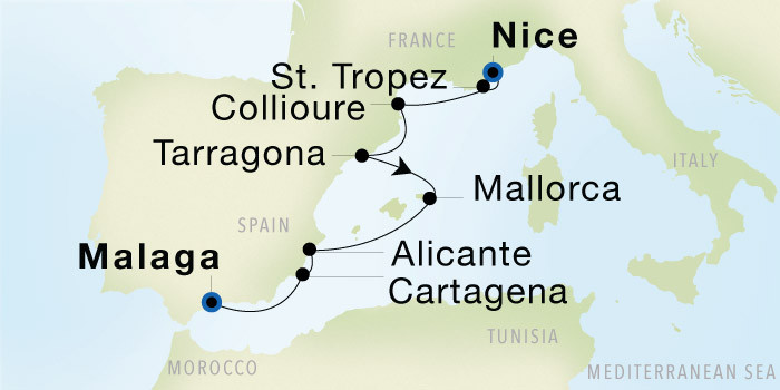 Carte de l’itinéraire Seadream 2, Nice → Malaga