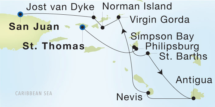 Carte de l’itinéraire Seadream 2, Charlotte Amalie, St. Thomas → San Juan