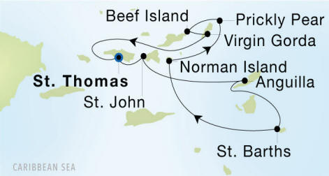 Carte de l’itinéraire Seadream 2, Aller-retour au départ de Charlotte Amalie, St. Thomas, U.S.V.I.