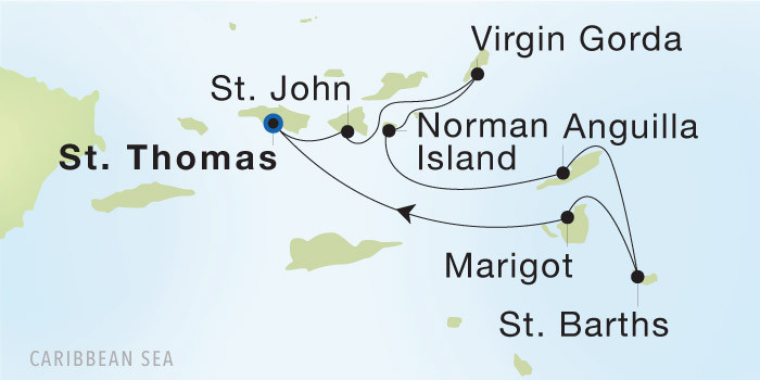Carte de l’itinéraire Seadream 2, Charlotte Amalie, St. Thomas → Charlotte Amalie, St. Thomas