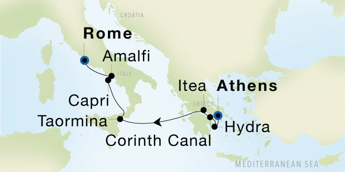 Carte de l’itinéraire Seadream 2, Athènes (Le Pirée) → Rome (Civitavecchia)