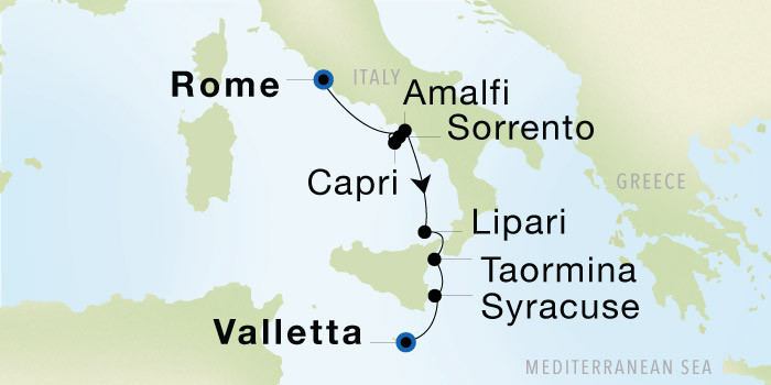 Carte de l’itinéraire Seadream 2, Rome (Civitavecchia) → Valletta