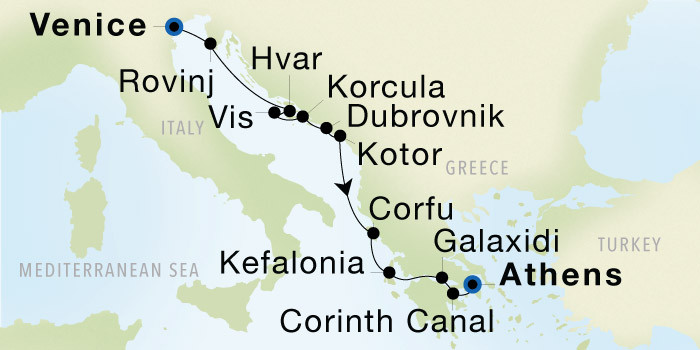 Carte de l’itinéraire Seadream 2, Venise → Athènes (Le Pirée)