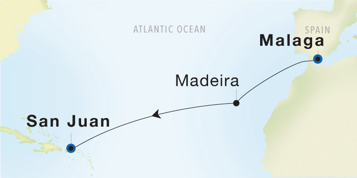 Carte de l’itinéraire Seadream 2, Malaga → San Juan