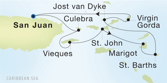 Carte de l’itinéraire Seadream 2, San Juan → San Juan