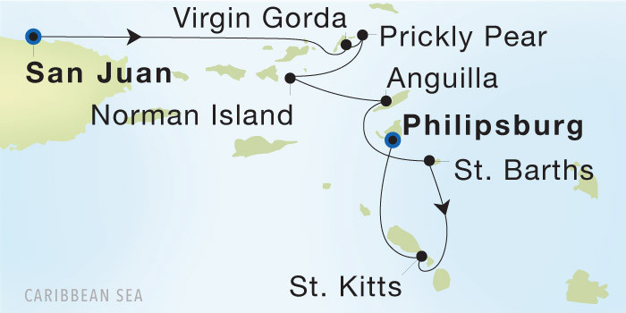 Carte de l’itinéraire Seadream 2, San Juan → Philipsburg