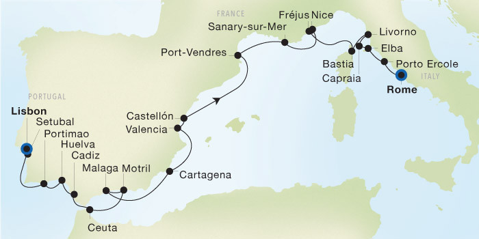 Carte de l’itinéraire Seadream 2, Lisbonne → Rome (Civitavecchia)