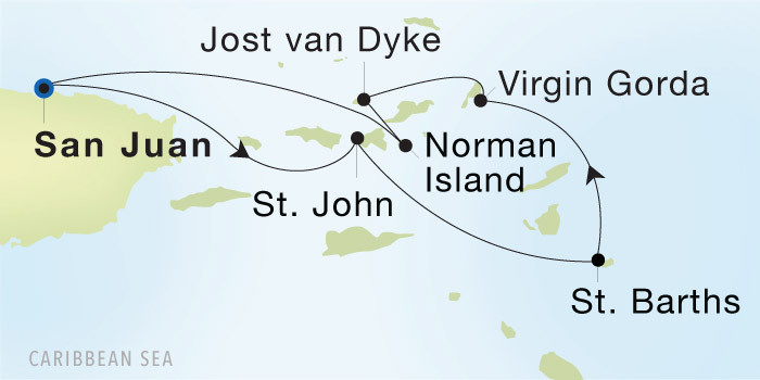 Carte de l’itinéraire Seadream 2, San Juan → San Juan