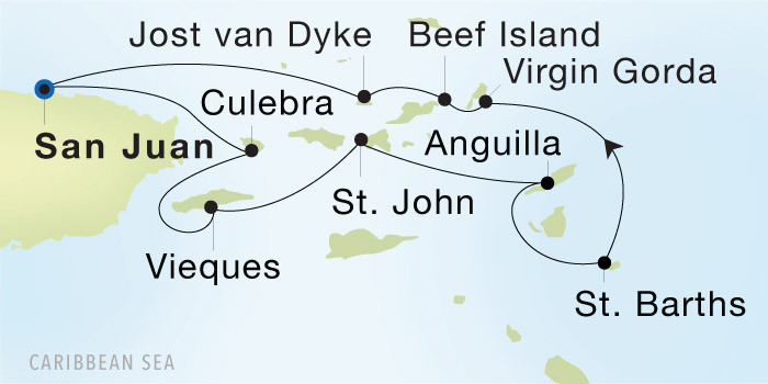Carte de l’itinéraire Seadream 2, San Juan → San Juan