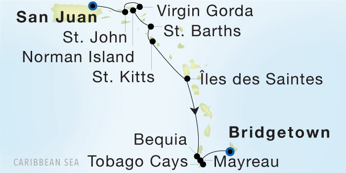 Carte de l’itinéraire Seadream 2, San Juan → Bridgetown, Barbados