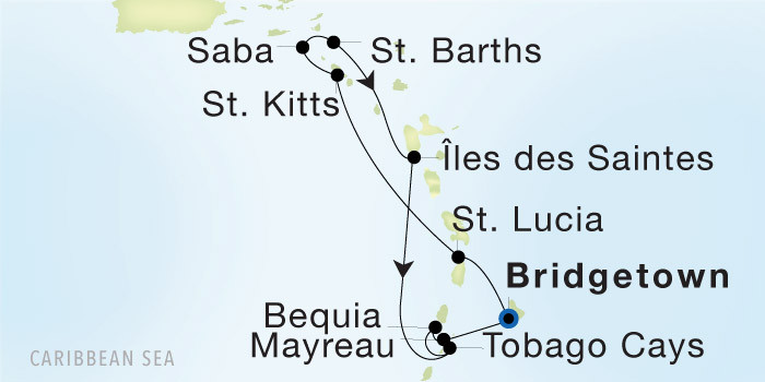 Carte de l’itinéraire Seadream 2, Bridgetown, Barbados → Bridgetown, Barbados