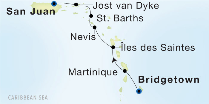 Carte de l’itinéraire Seadream 2, Bridgetown, Barbados → San Juan