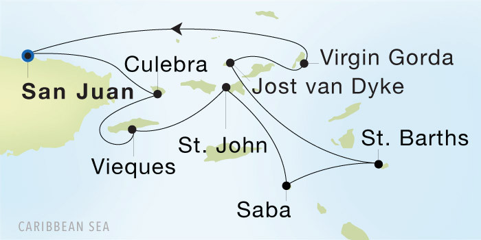 Carte de l’itinéraire Seadream 2, San Juan → San Juan