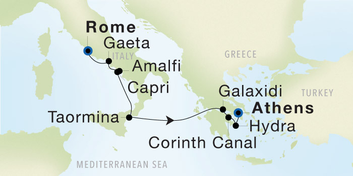Carte de l’itinéraire Seadream 2, Rome (Civitavecchia) → Athènes (Le Pirée)