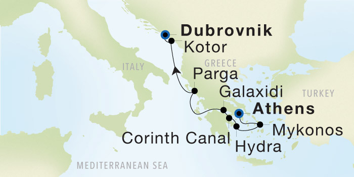 Carte de l’itinéraire Seadream 2, Athènes (Le Pirée) → Dubrovnik