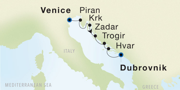 Carte de l’itinéraire Seadream 2, Venise → Dubrovnik