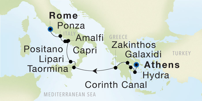 Carte de l’itinéraire Seadream 2, Athènes (Le Pirée) → Rome (Civitavecchia)