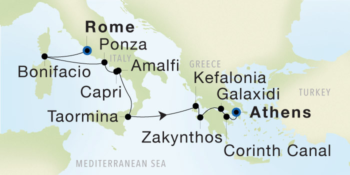 Carte de l’itinéraire Seadream 2, Rome (Civitavecchia) → Athènes (Le Pirée)