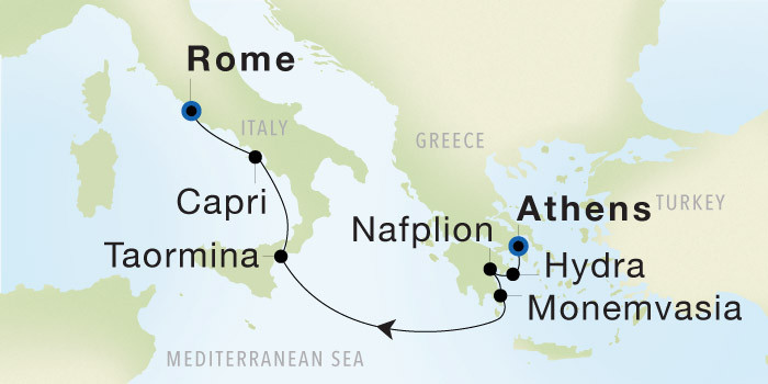 Carte de l’itinéraire Seadream 2, Athènes (Le Pirée) → Rome (Civitavecchia)