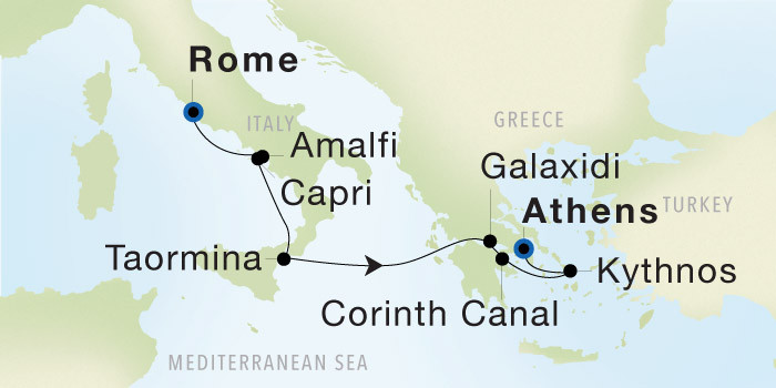 Carte de l’itinéraire Seadream 2, Rome (Civitavecchia) → Athènes (Le Pirée)