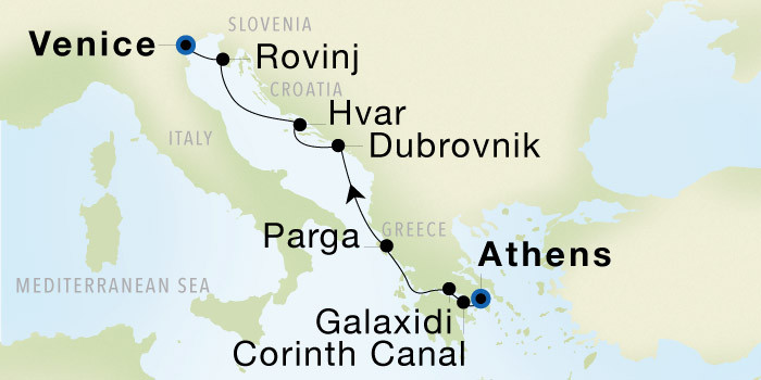 Carte de l’itinéraire Seadream 2, Athènes (Le Pirée) → Venise
