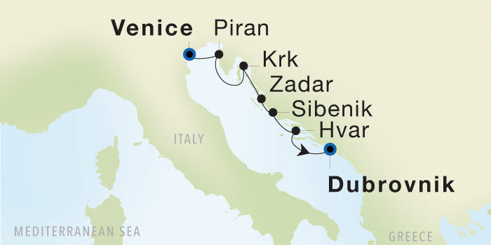 Carte de l’itinéraire Seadream 2, Venise → Dubrovnik