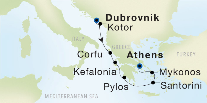 Carte de l’itinéraire Seadream 2, Dubrovnik → Athènes (Le Pirée)