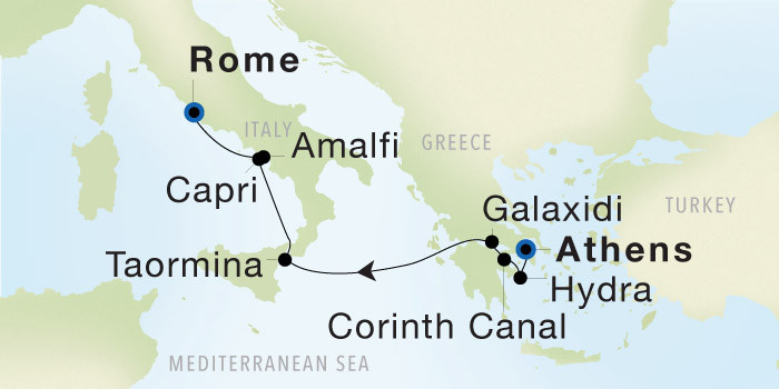 Carte de l’itinéraire Seadream 2, Athènes (Le Pirée) → Rome (Civitavecchia)