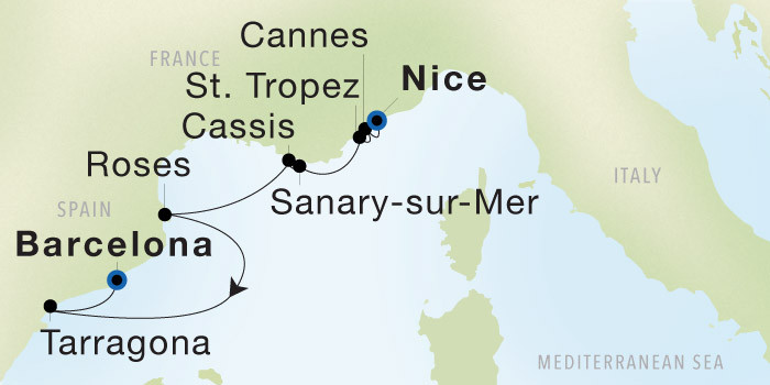 Carte de l’itinéraire Seadream 2, Nice → Barcelone