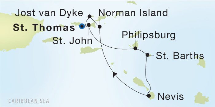 Carte de l’itinéraire Seadream 2, Charlotte Amalie, St. Thomas → Charlotte Amalie, St. Thomas