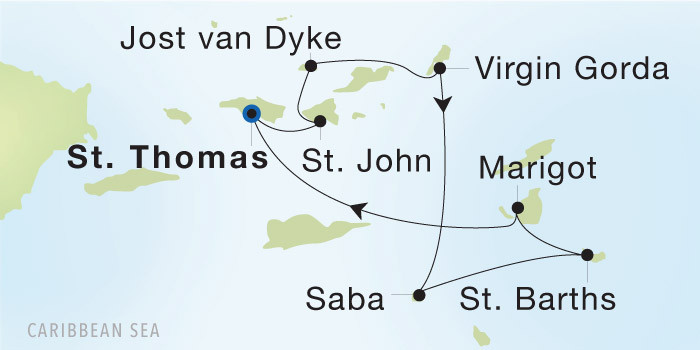 Carte de l’itinéraire Seadream 2, Charlotte Amalie, St. Thomas → Charlotte Amalie, St. Thomas