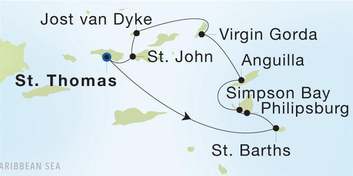 Carte de l’itinéraire Seadream 2, Charlotte Amalie, St. Thomas → Charlotte Amalie, St. Thomas