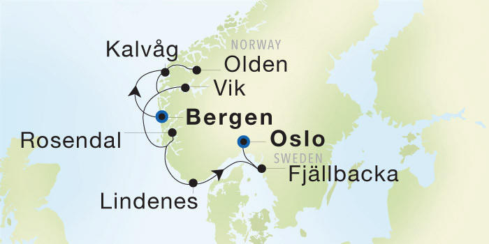 Carte de l’itinéraire Seadream 2, Bergen, Norvège → Oslo, Norvège