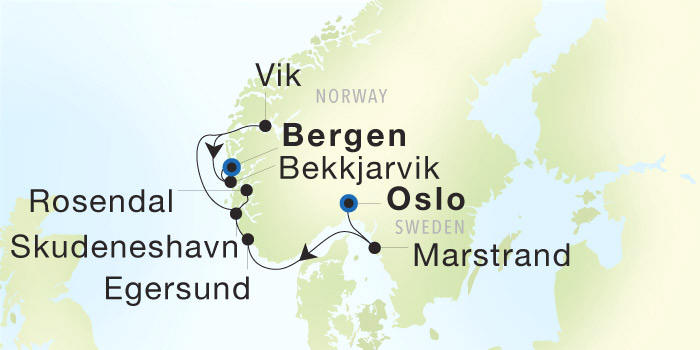 Carte de l’itinéraire Seadream 2, Oslo, Norvège → Bergen, Norvège