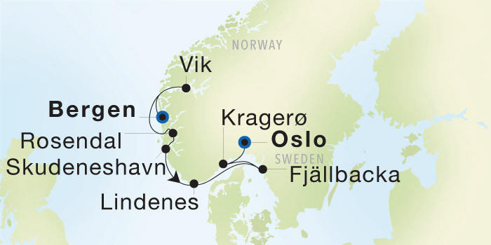 Carte de l’itinéraire Seadream 2, Bergen, Norvège → Oslo, Norvège