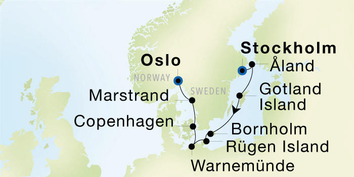 Carte de l’itinéraire Seadream 2, Stockholm, Suède → Oslo, Norvège