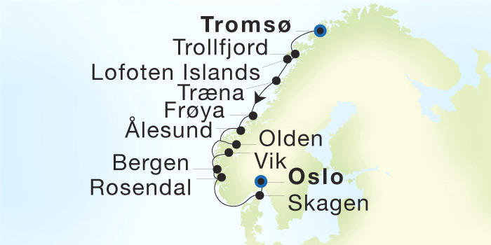 Carte de l’itinéraire Seadream 2, Tromsø, Norvège → Oslo, Norvège