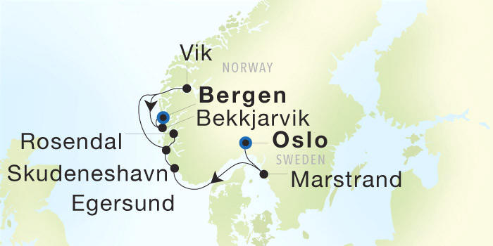 Carte de l’itinéraire Seadream 2, Oslo, Norvège → Bergen, Norvège