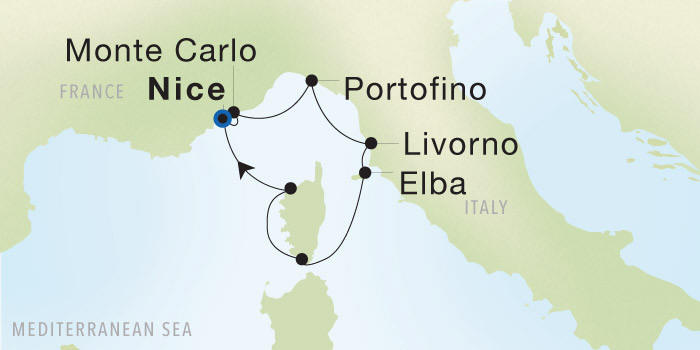 Carte de l’itinéraire Seadream 2, Aller-retour au départ de Nice, France