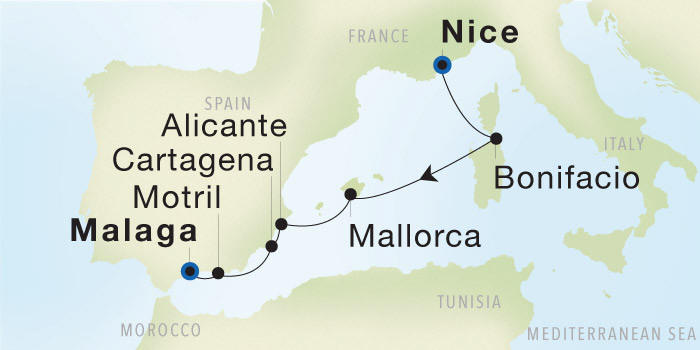 Carte de l’itinéraire Seadream 2, Nice, France → Malaga, Espagne