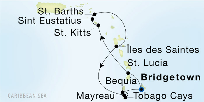 Carte de l’itinéraire Seadream 2, Aller-retour au départ de Bridgetown, Barbados, Barbados
