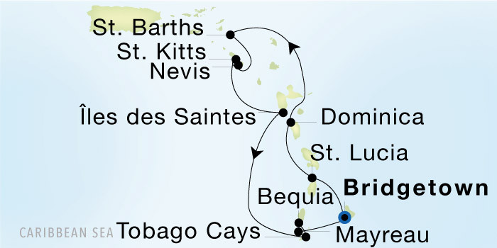 Carte de l’itinéraire Seadream 2, Aller-retour au départ de Bridgetown, Barbados