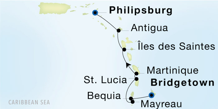 Carte de l’itinéraire Seadream 2, Bridgetown, Barbados → Philipsburg, Sint Maarten, Dutch Caribbean
