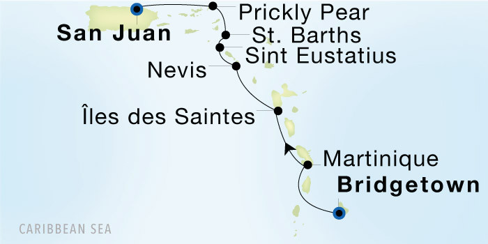 Carte de l’itinéraire Seadream 2, Bridgetown, Barbados, Barbados → San Juan, Porto Rico