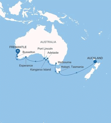 Carte de l’itinéraire Silver Dawn, Auckland → Fremantle (Perth), Western Australie