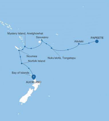 Carte de l’itinéraire Silver Dawn, Papeete (Tahiti) → Auckland